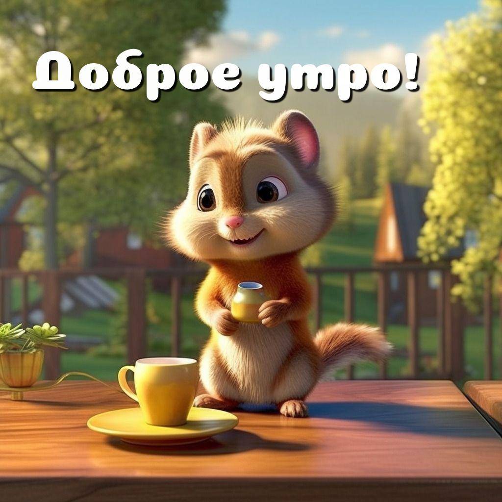Утро, милый анимационный бурундук с чашкой за столом