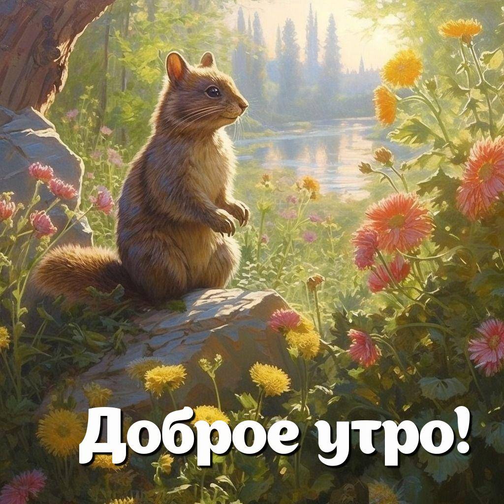 Утро, милый бурундук на камне среди цветов