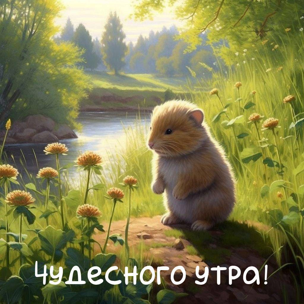 Утро, милый хомячок на фоне летнего пейзажа
