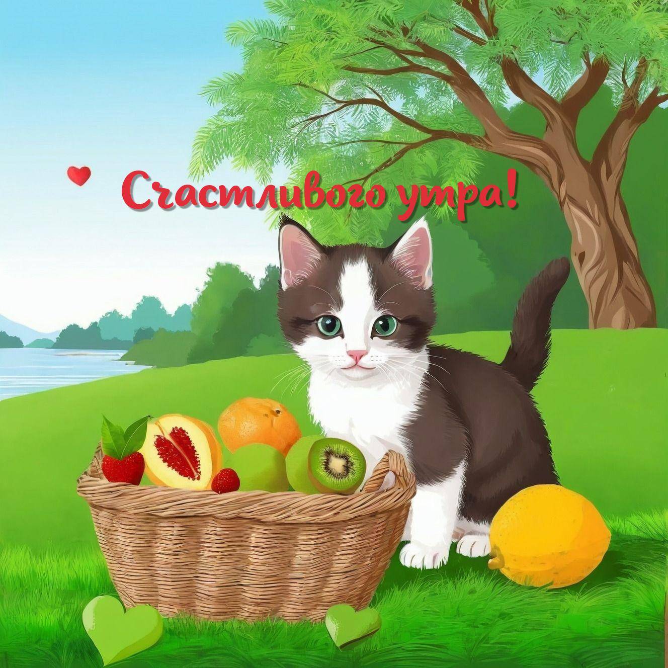 Утро, милый котёнок с фруктами на траве