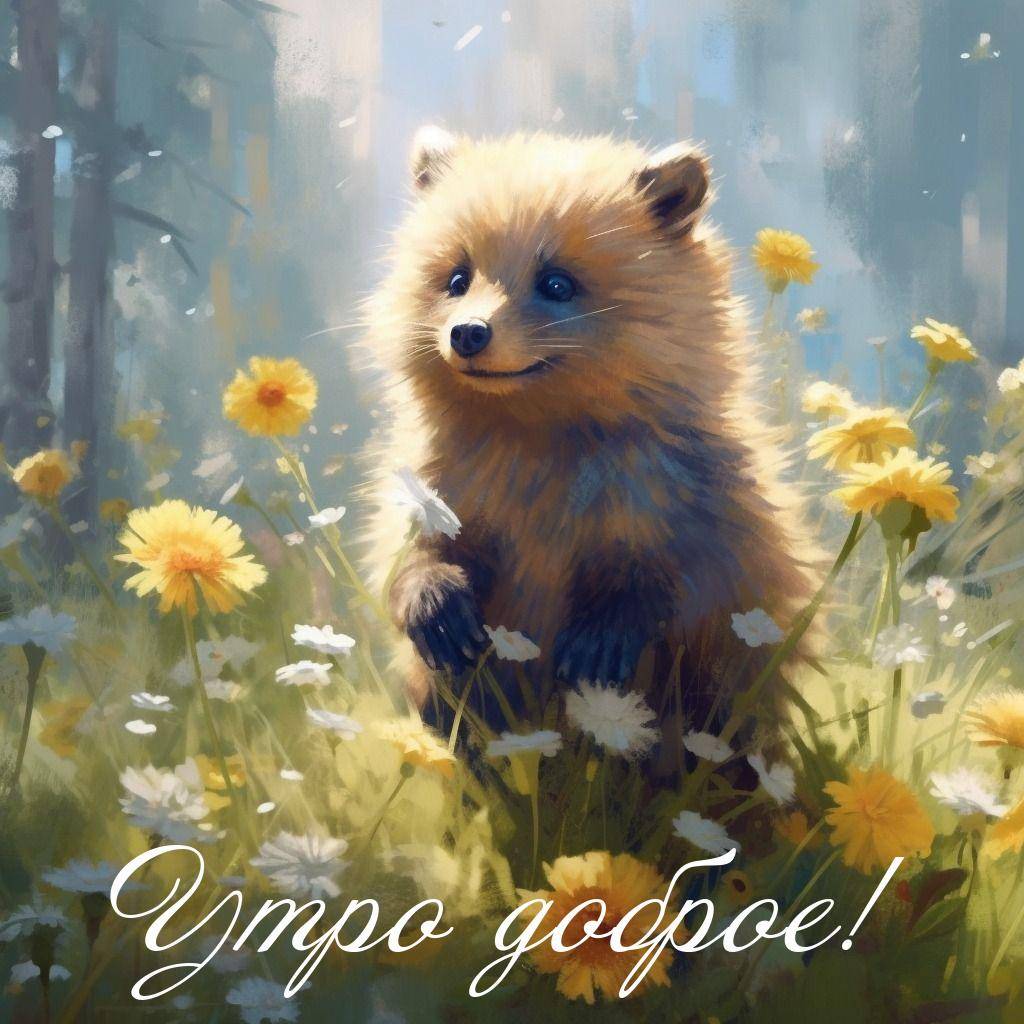 Утро, милый медвежонок среди полевых цветов