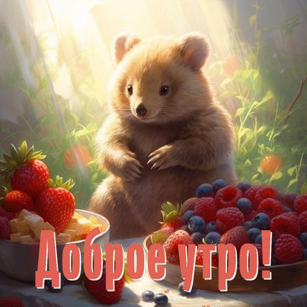 Утро, милый пушистый зверек, ягоды на столе, солнечный сад