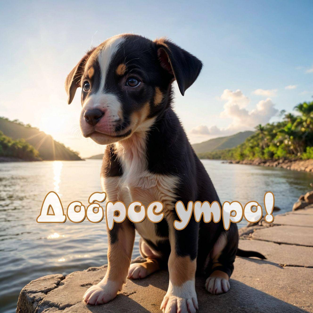 Утро, милый щенок на берегу реки