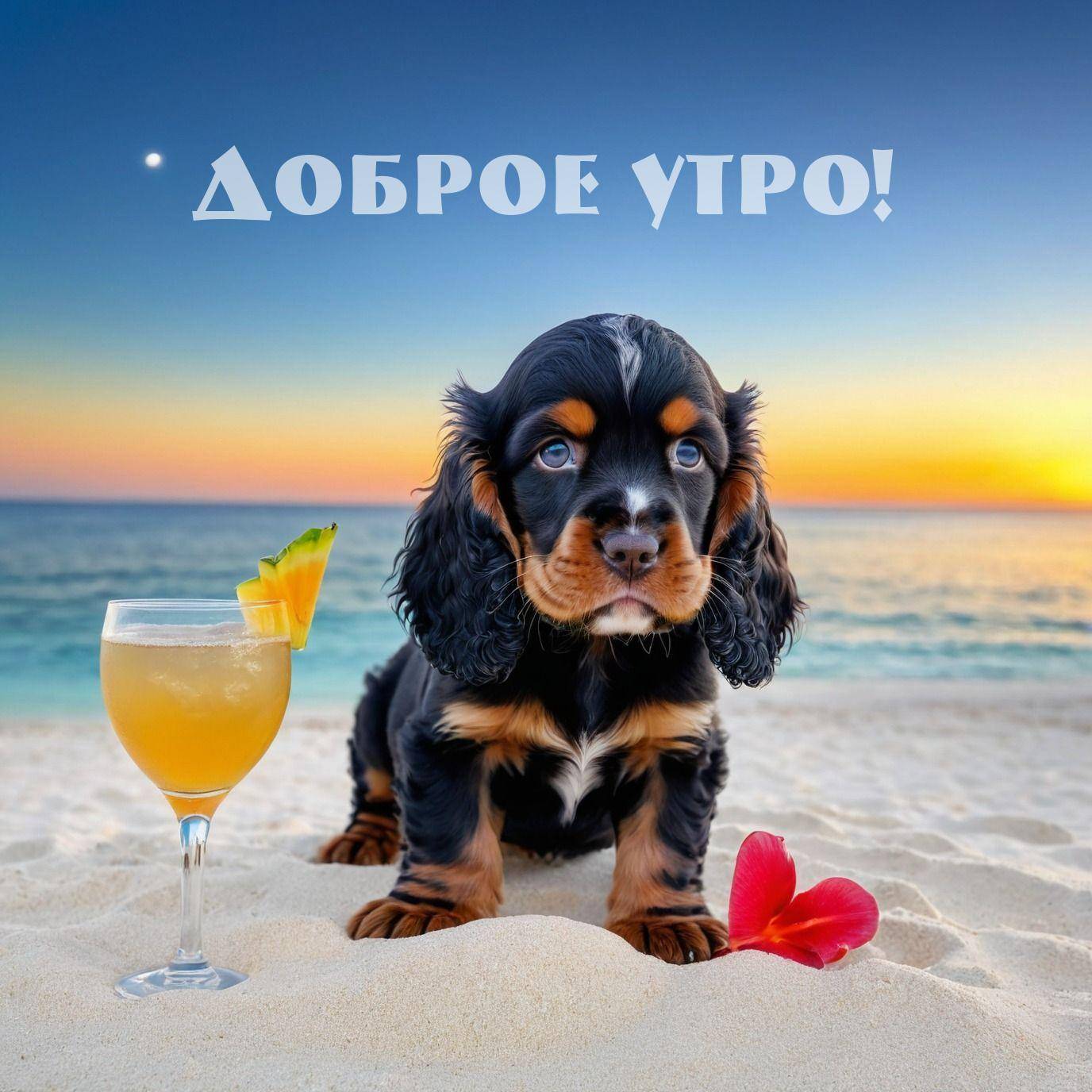 Утро, милый щенок на пляже на фоне заката