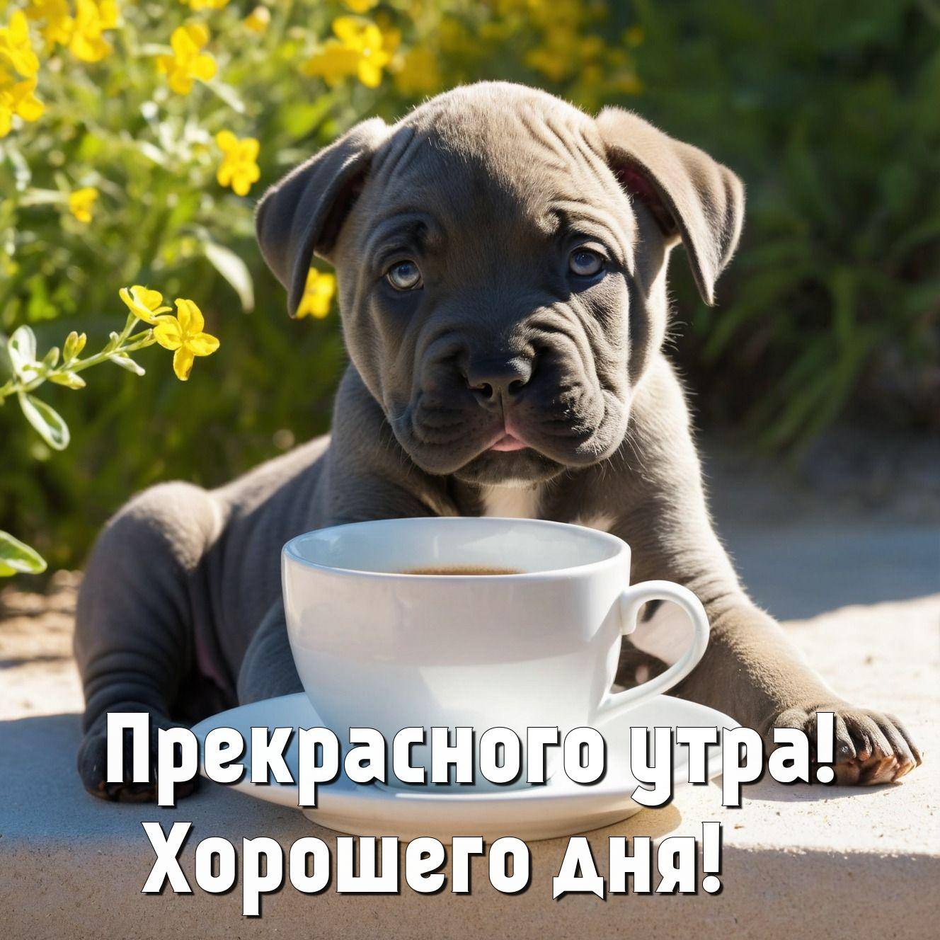 Утро, милый щенок с серой шерстью рядом с белой чашкой