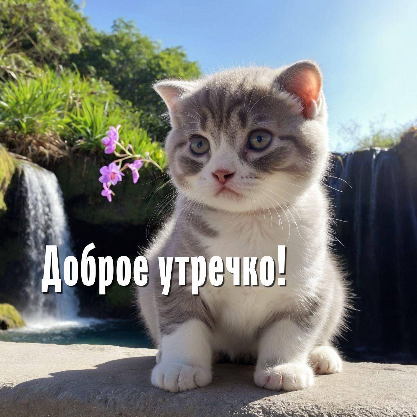 Утро, милый серо-белый котенок на фоне природы
