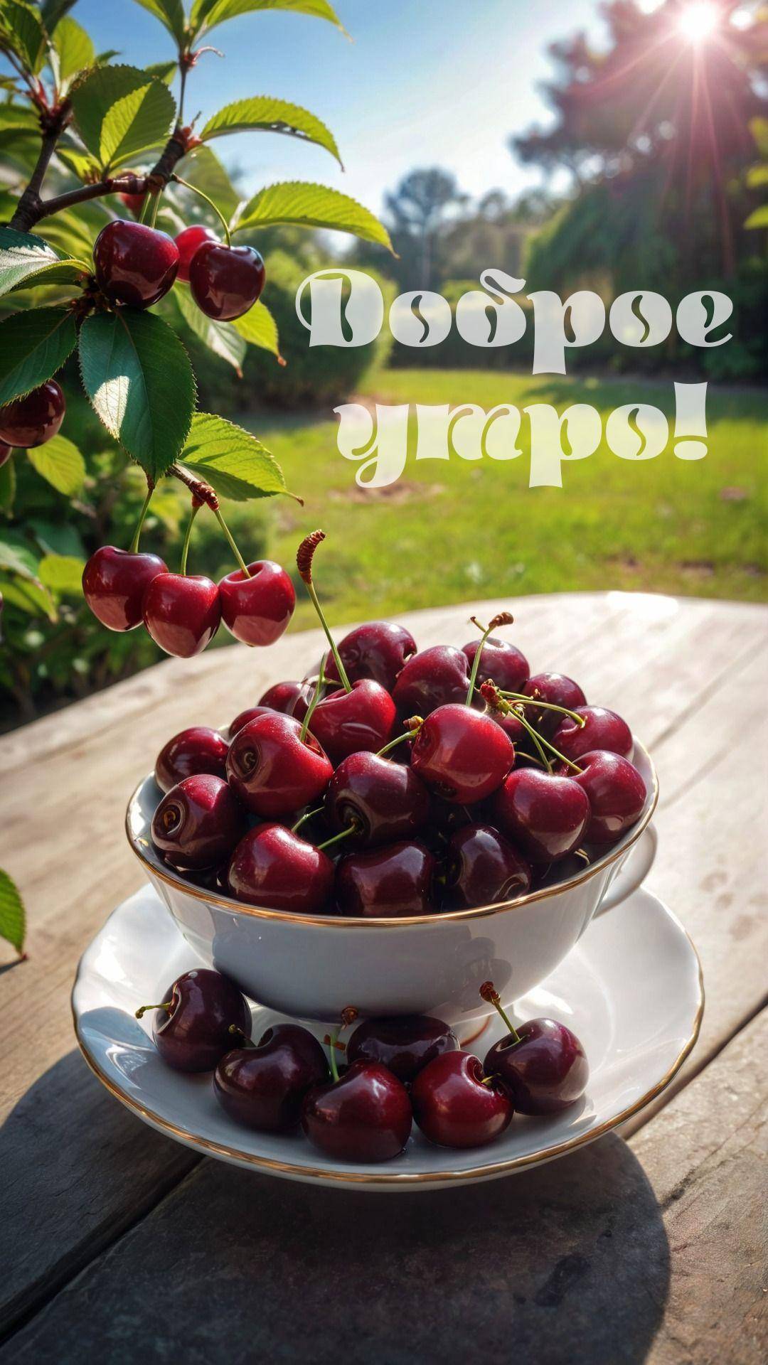 Утро, миска со спелой черешней на фоне сада
