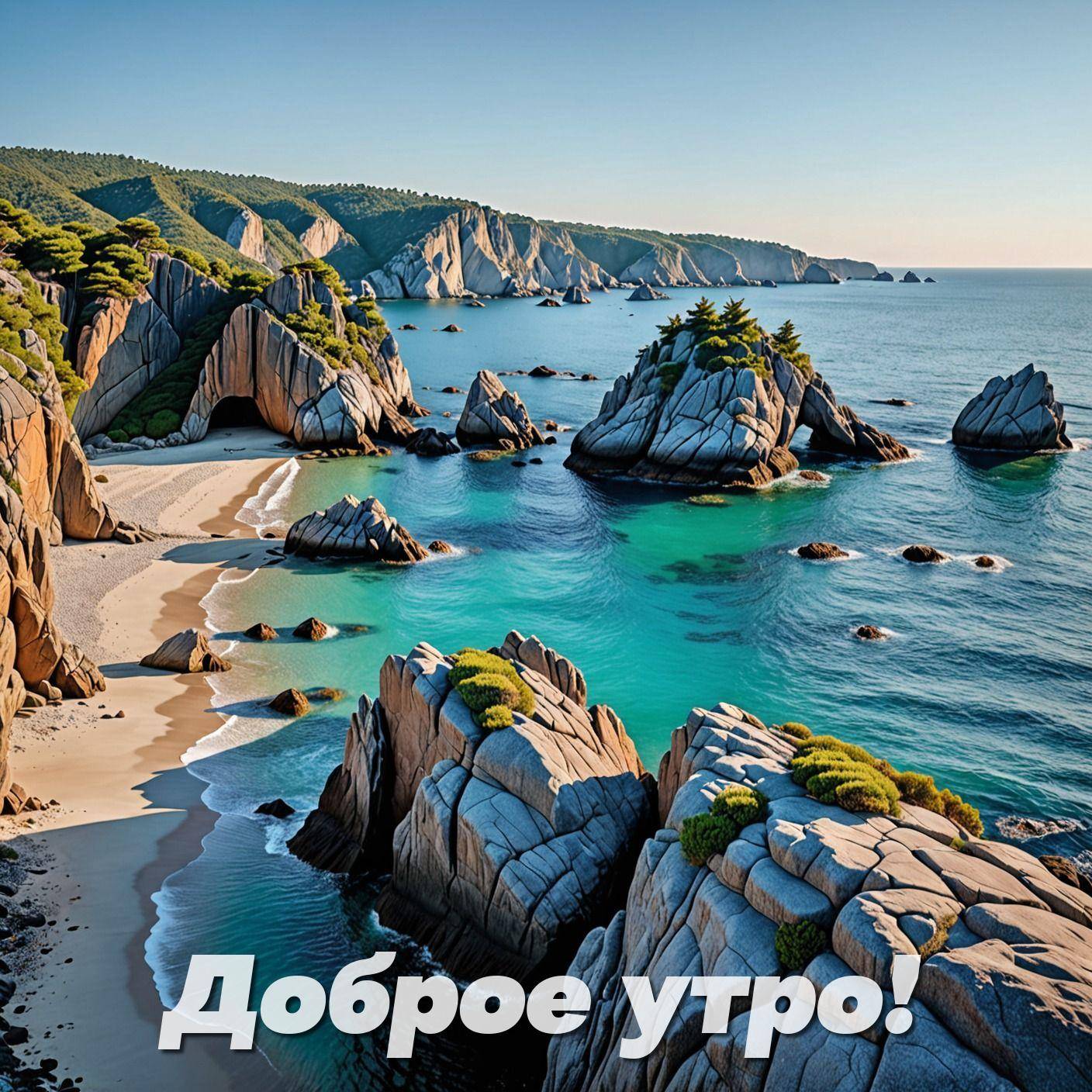 Утро, морской пейзаж с бирюзовой водой и скалами