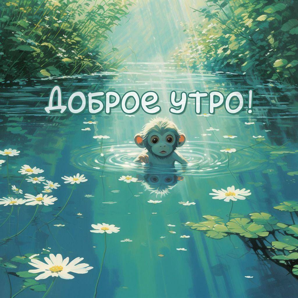 Утро, мультяшная обезьянка сидит в воде, окружённой растительностью.
