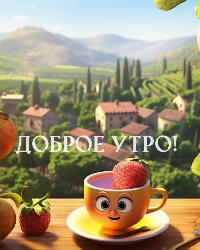 Утро, мультяшная сцена с жёлтой чашкой с лицом, клубникой и фруктами