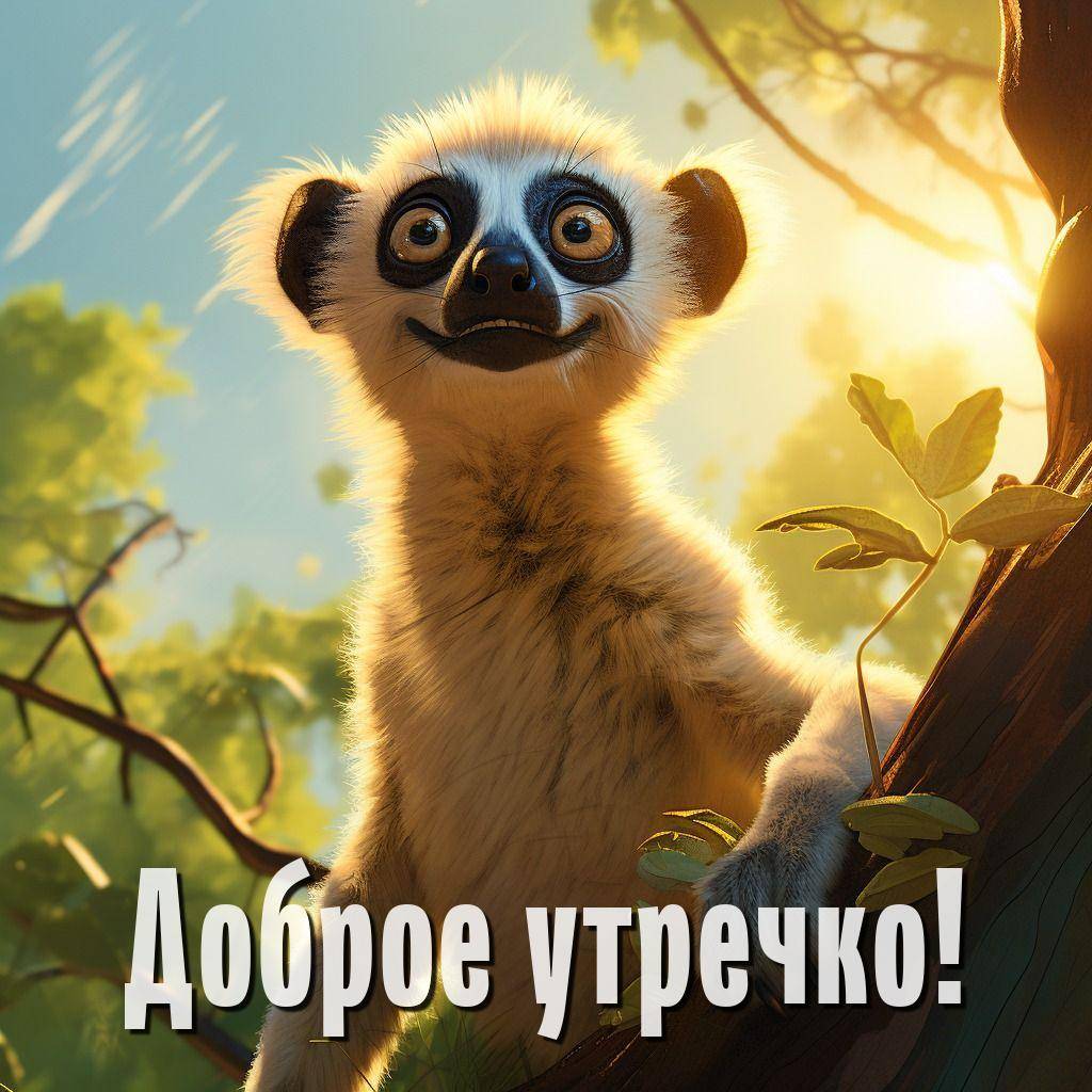 Утро, мультяшный лемур на ветке, зелёная листва и солнечный свет