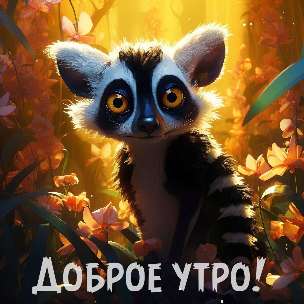 Утро, мультяшный лемур с яркими глазами среди цветов