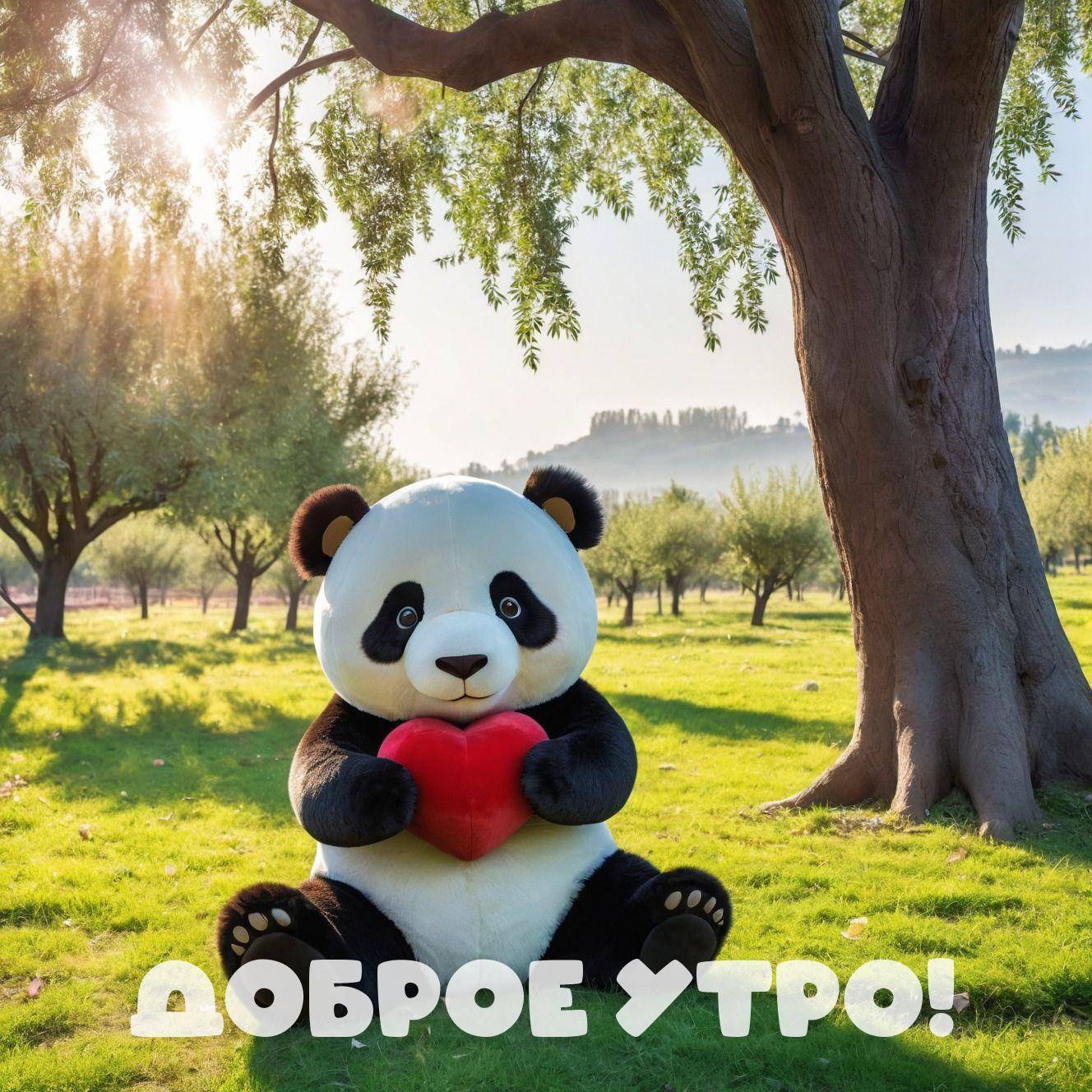 Утро, мягкая игрушка панда с красным сердцем на траве под деревом