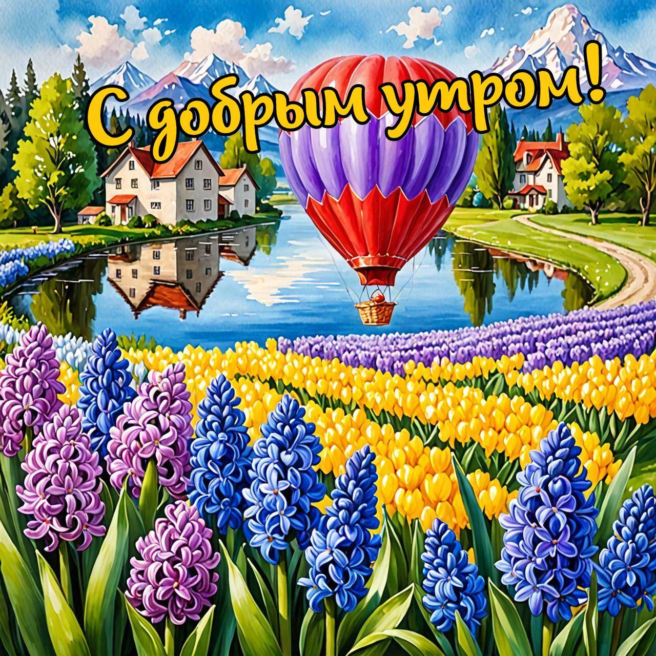 Утро, на изображении воздушный шар над озером, дома и горы