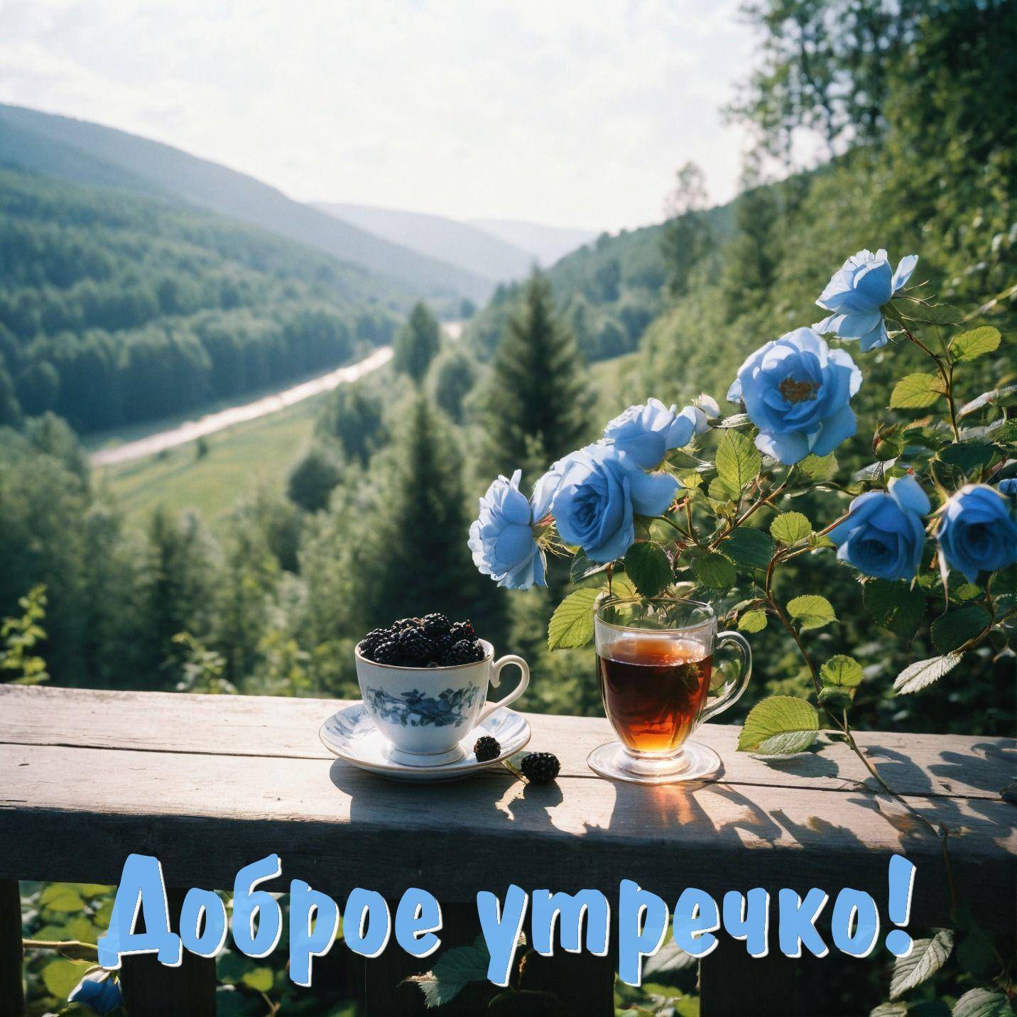 Утро, на переднем плане чашка с ежевикой и чай на фоне леса