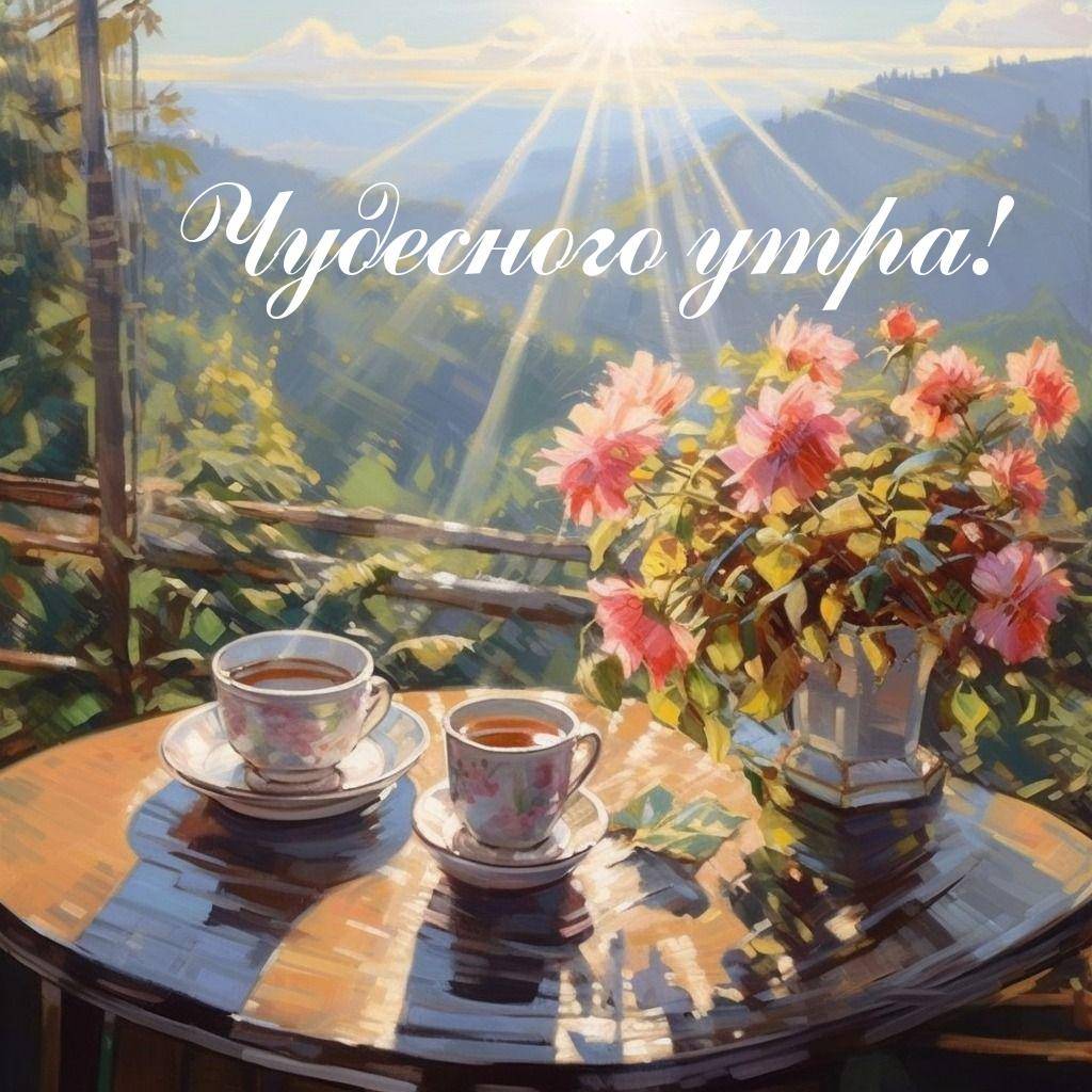 Утро, на террасе с видом на горы, ваза с цветами и чай