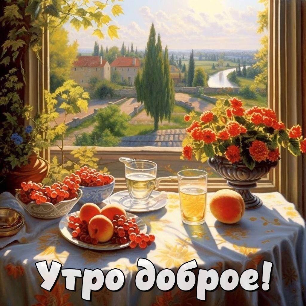 Утро, накрытый стол около окна с видом на пейзаж