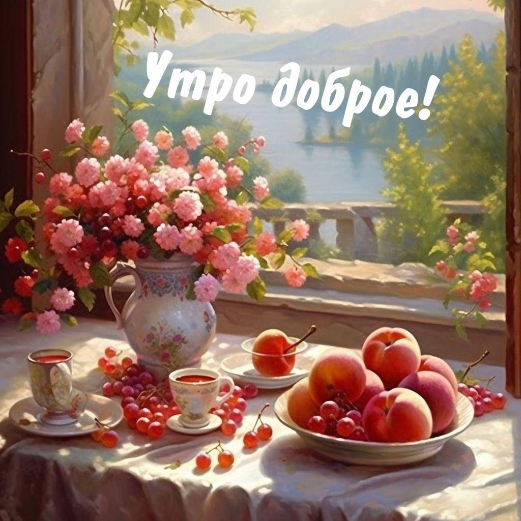 Утро, накрытый стол у окна с пейзажем, ваза с цветами, чайник