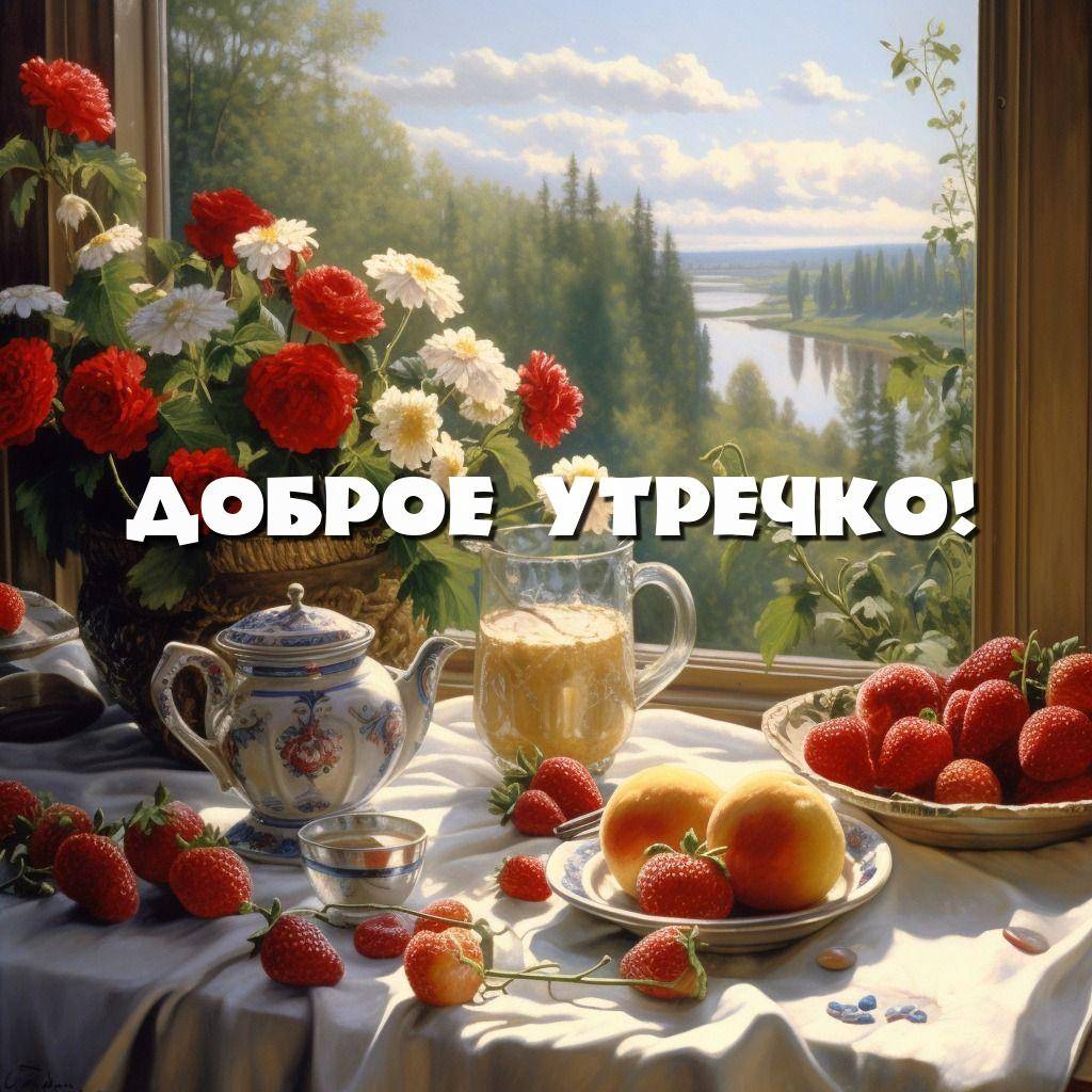 Утро, натюрморт: клубника, персики, кувшин и чайник на столе