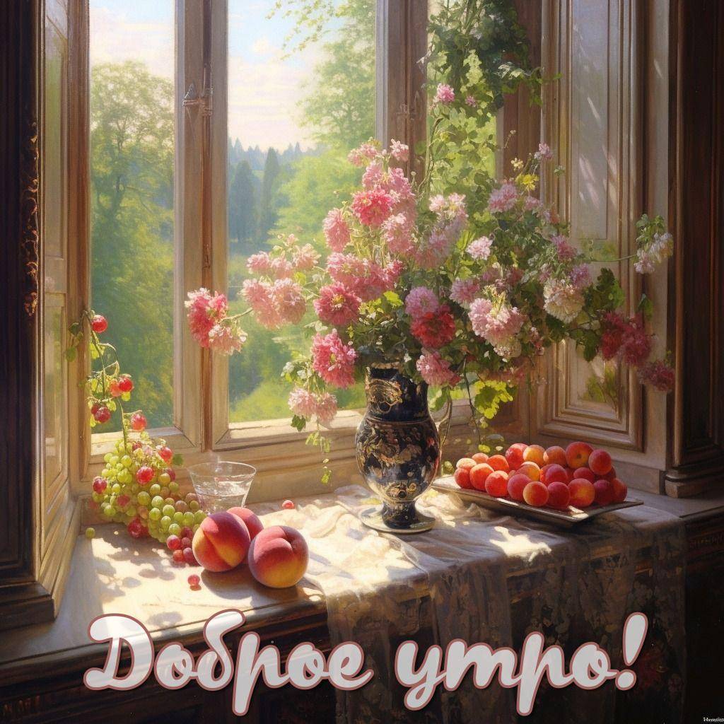 Утро, натюрморт на подоконнике с цветами и фруктами