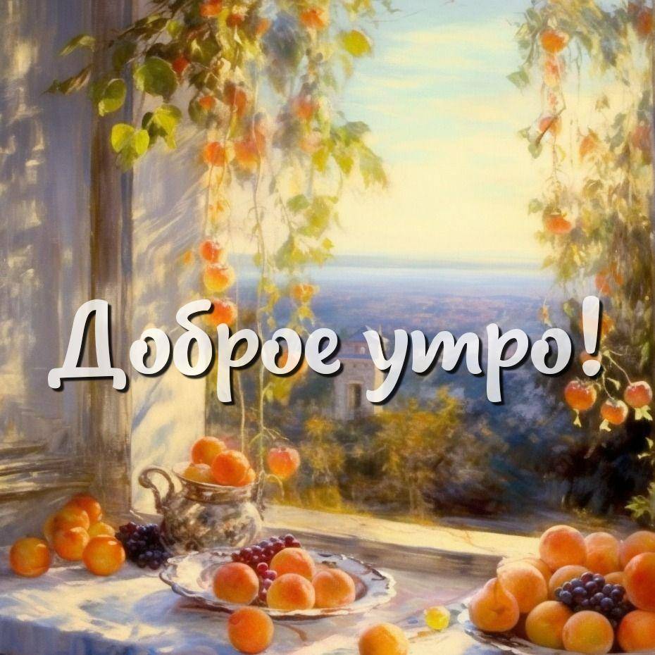 Утро, натюрморт с апельсинами и виноградом на фоне башни