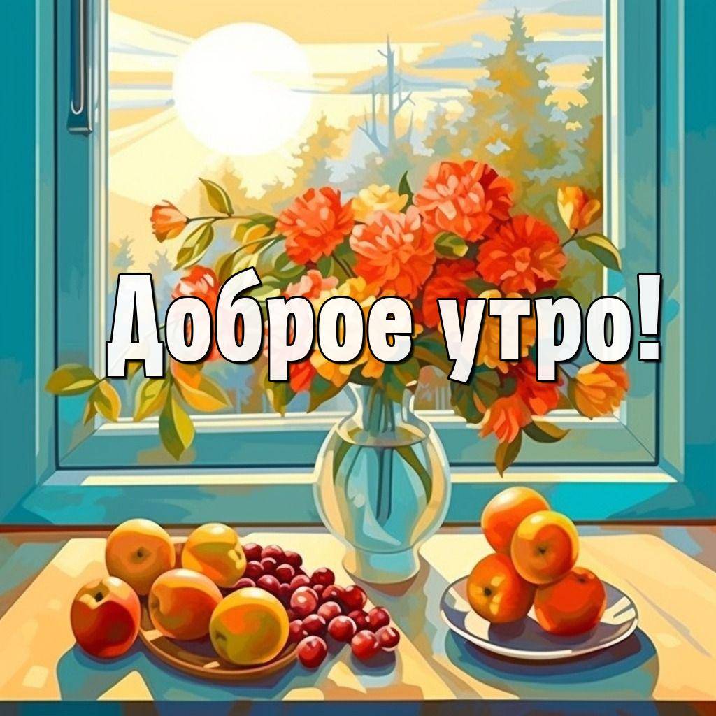 Утро, натюрморт с букетом цветов и фруктами на подоконнике