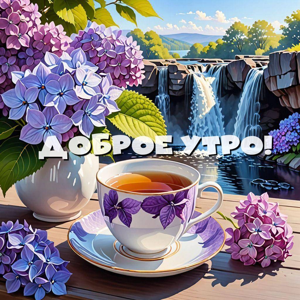 Утро, натюрморт с чашкой чая, гортензиями и водопадом