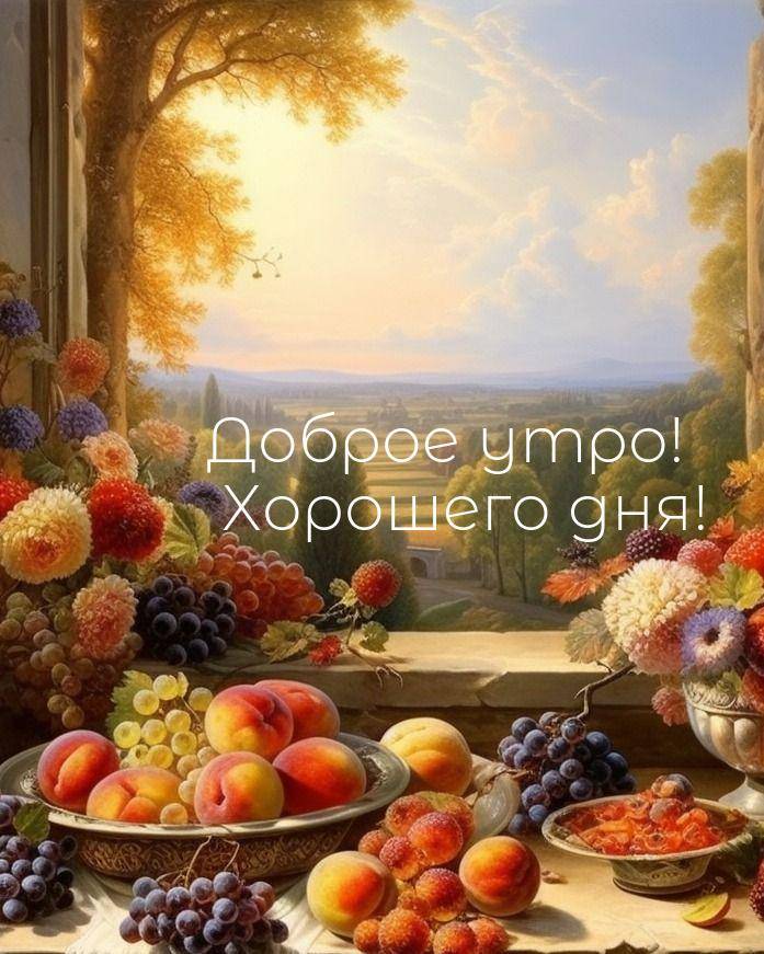 Утро, натюрморт с фруктами и цветами