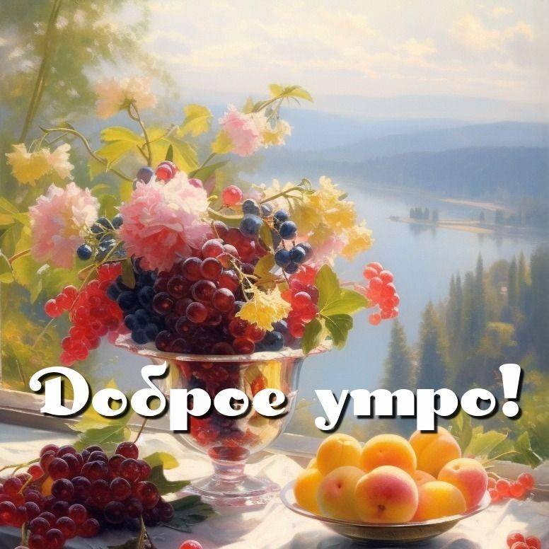 Утро, натюрморт с фруктами и цветами на фоне озера