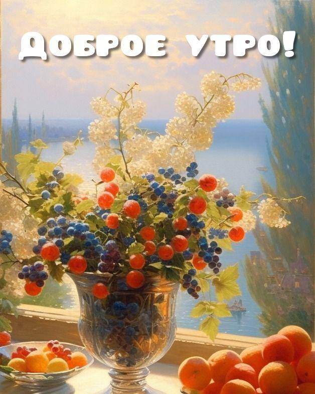 Утро, натюрморт с фруктами и цветами на фоне пейзажа