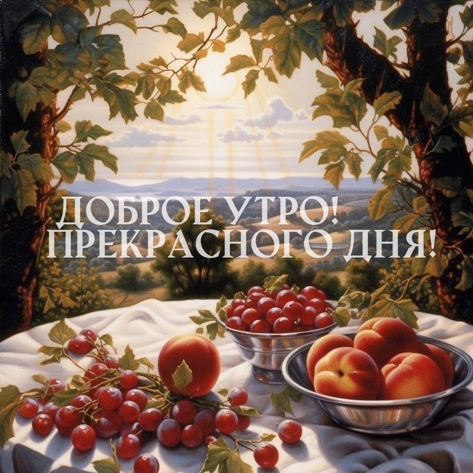 Утро, натюрморт с фруктами на фоне пейзажа