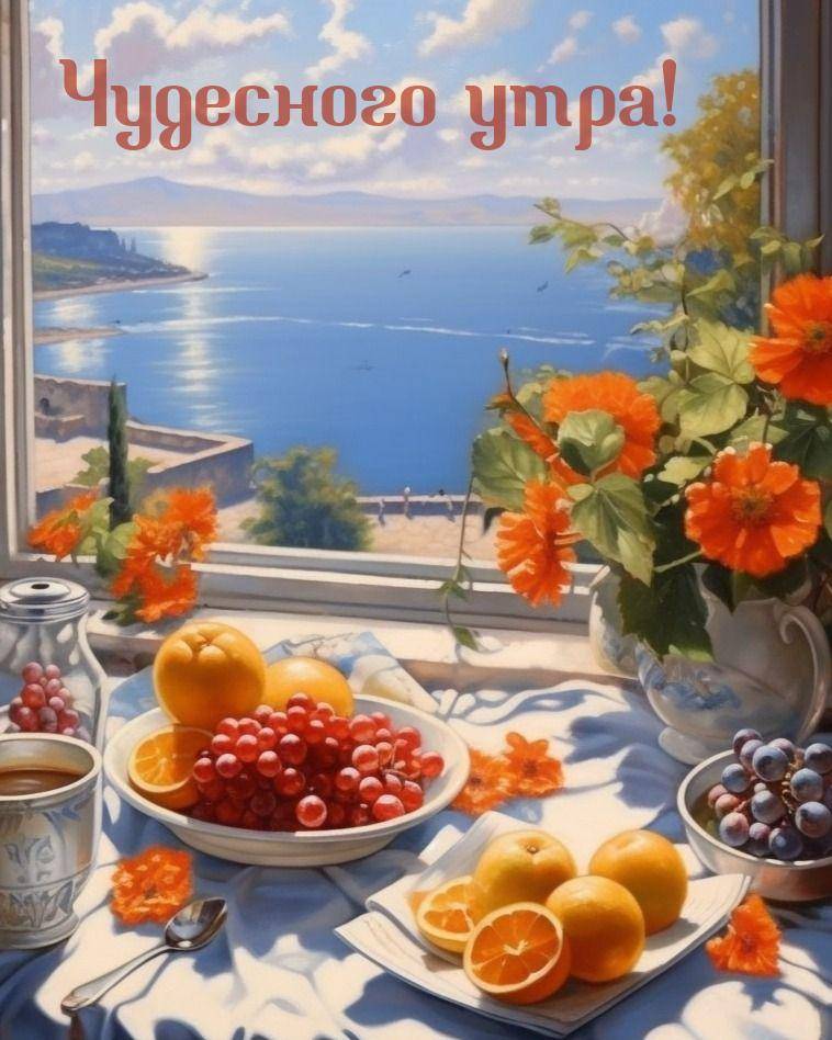 Утро, натюрморт с фруктами, цветами, морем и небом