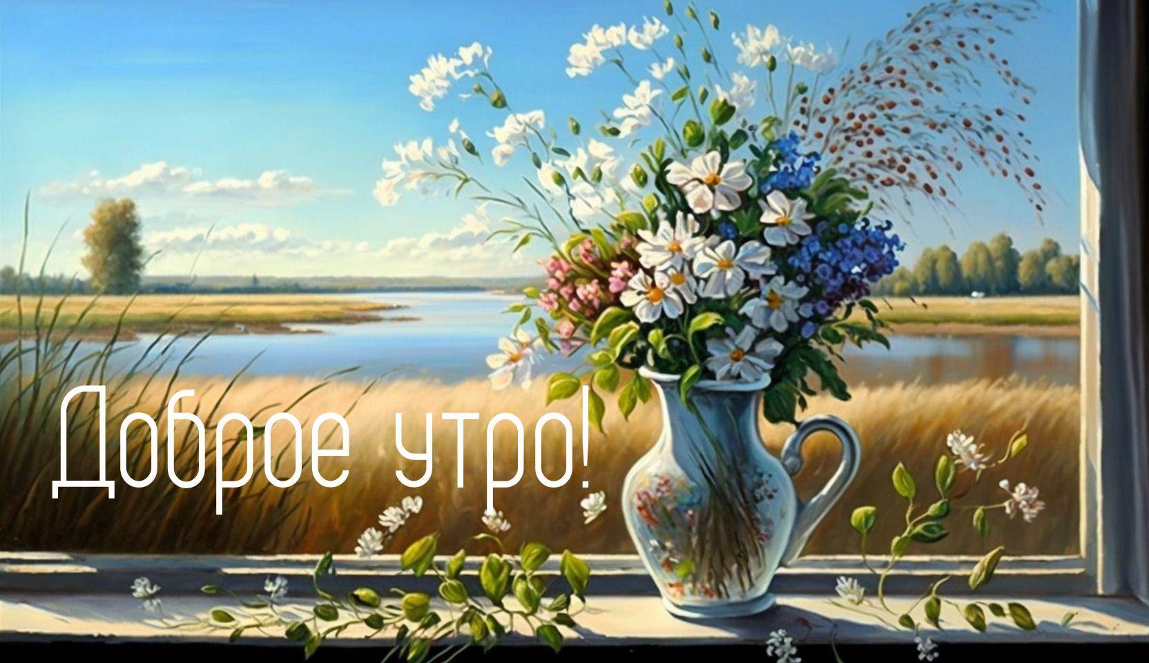 Утро, натюрморт с цветами в кувшине на подоконнике