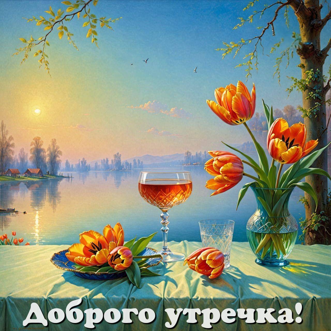 Утро, натюрморт с вазой тюльпанов и озёрным пейзажем