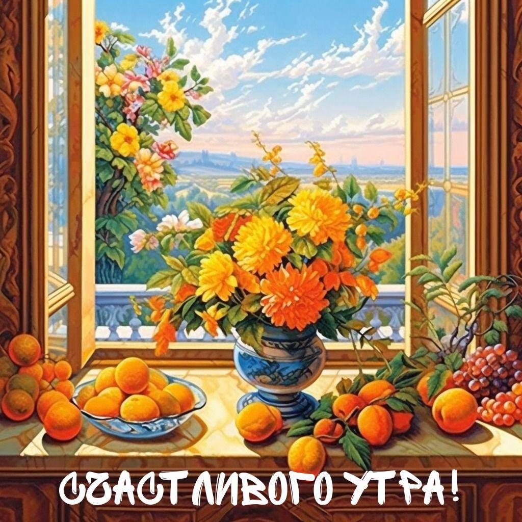 Утро, натюрморт с ярким букетом цветов и фруктами