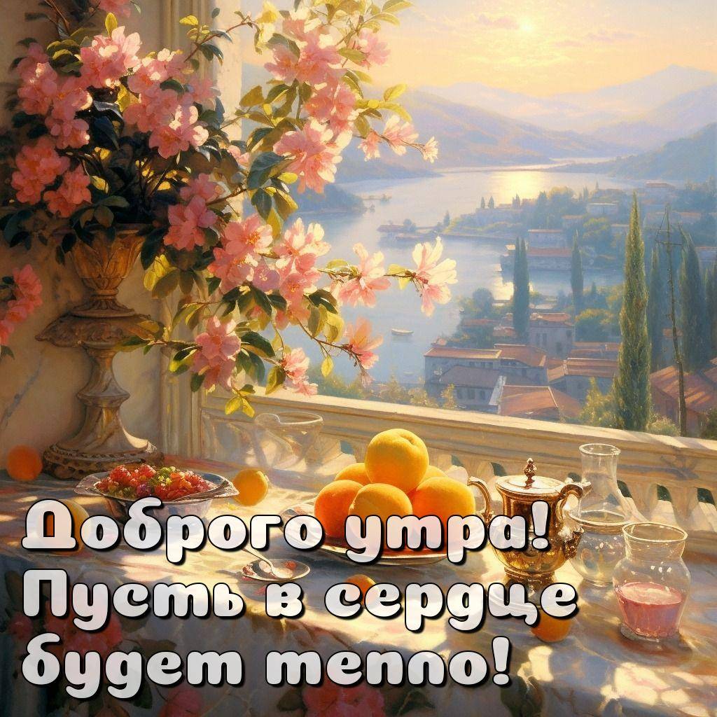 Утро, натюрморт со столом, фруктами и цветами на фоне озера
