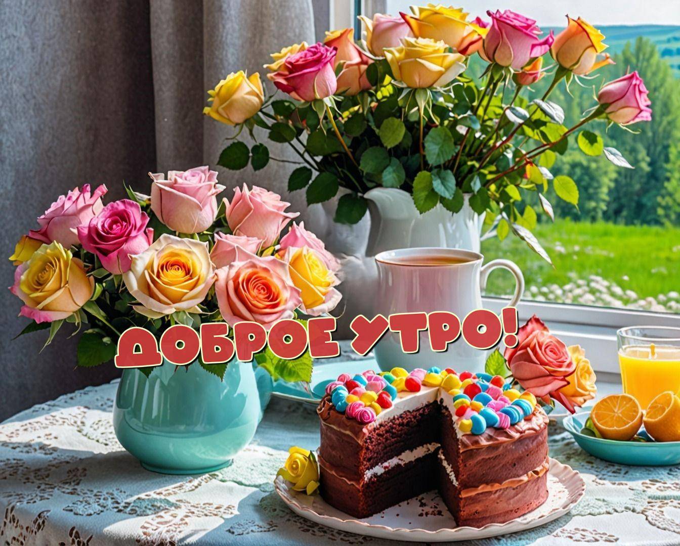 Утро, натюрморт: торт, сок, лимон, розы и пейзаж