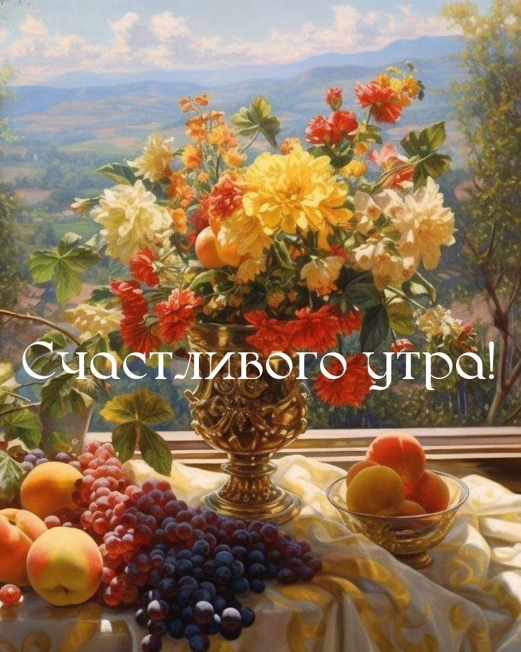 Утро, натюрморт: золотая ваза с цветами, фрукты на столе