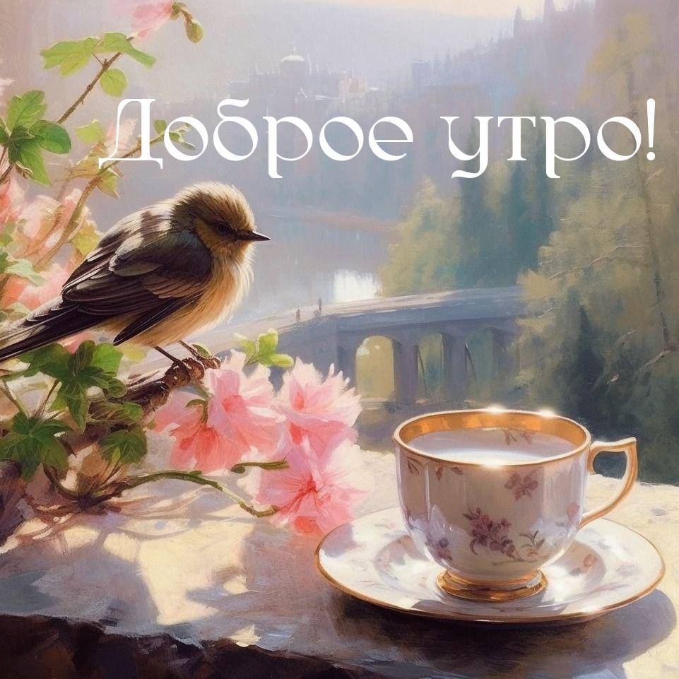 Утро, небольшая птица на ветке с розовыми цветами