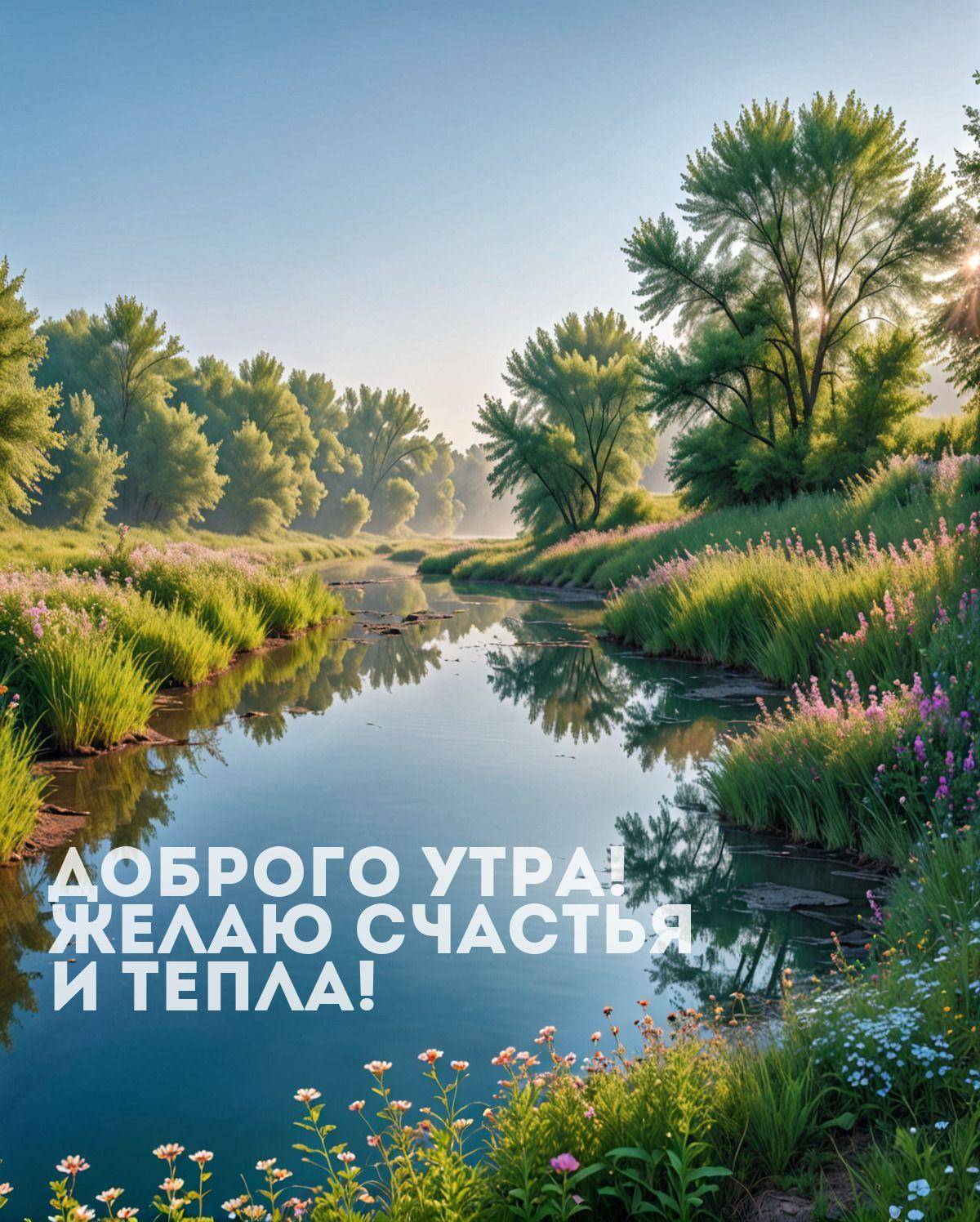 Утро, небольшая река с травой и цветами