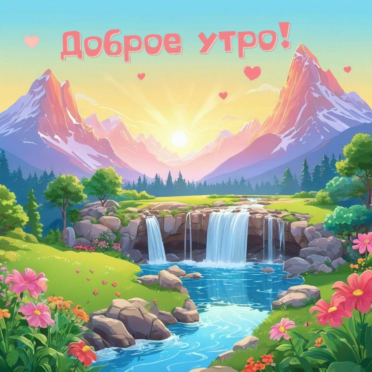 Утро, небольшой водопад и ручей, окружённые цветами