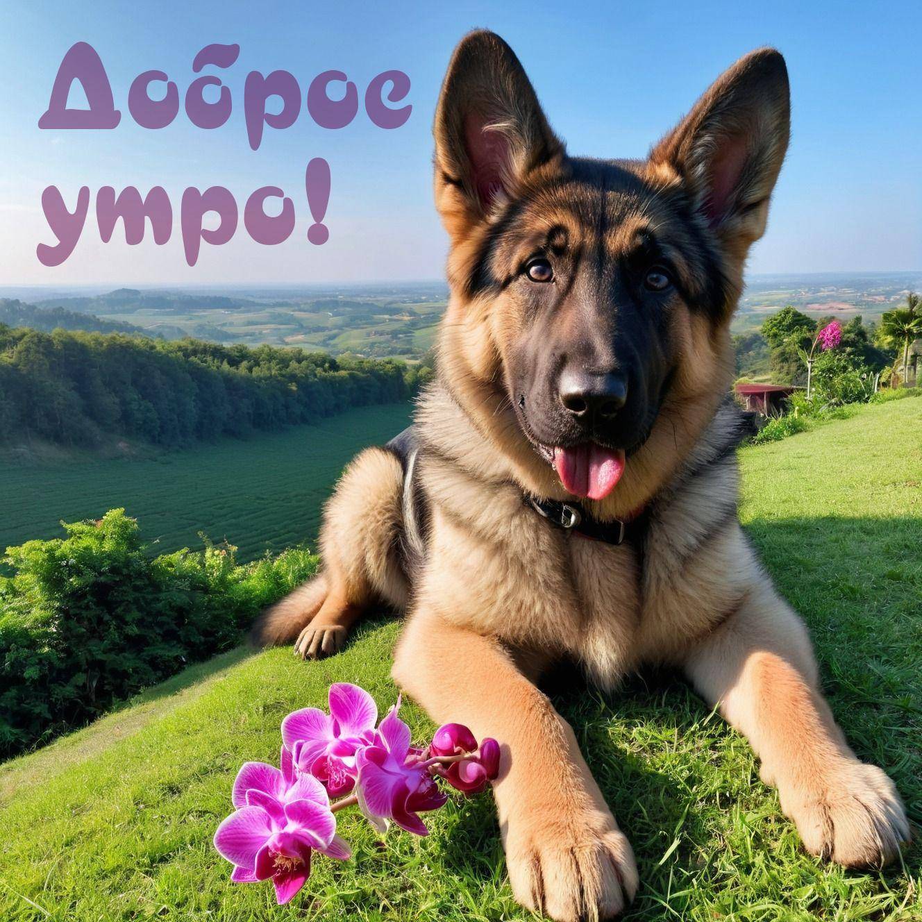 Утро, немецкая овчарка лежит на траве с орхидеями