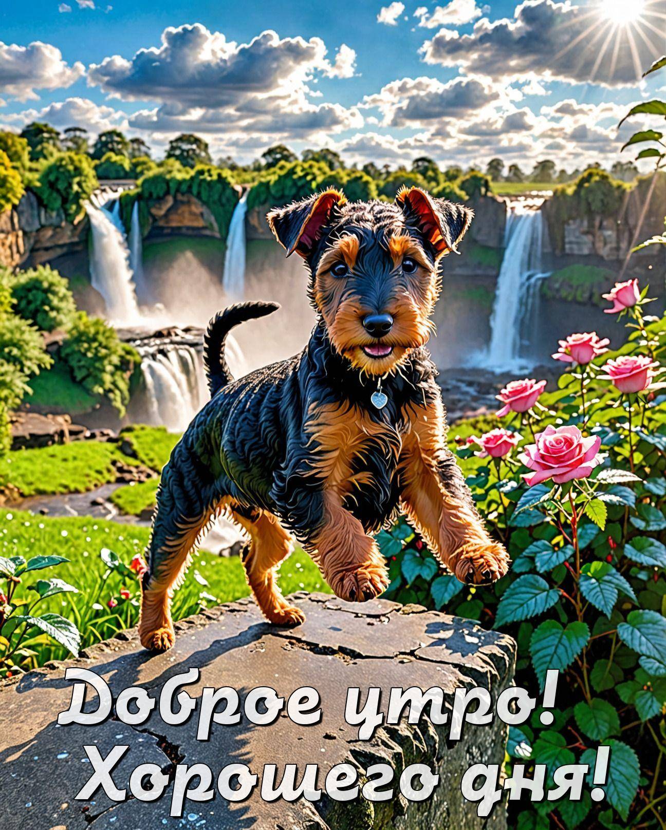 Утро, очаровательный щенок на камне с водопадом на заднем плане