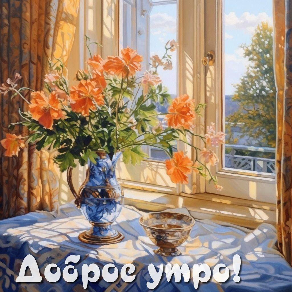 Утро, окно с солнечным светом и тени в комнате, стол с цветами