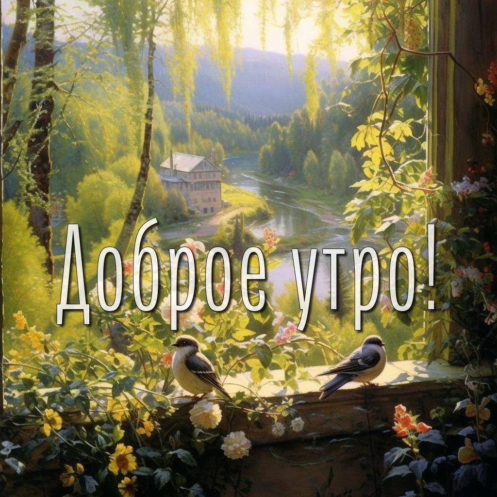 Утро, окно с цветами, две птицы, река и лес
