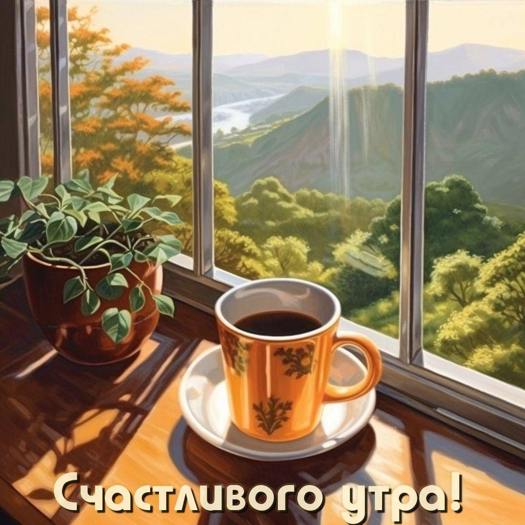 Утро, окно с видом на горы, кофе и растение
