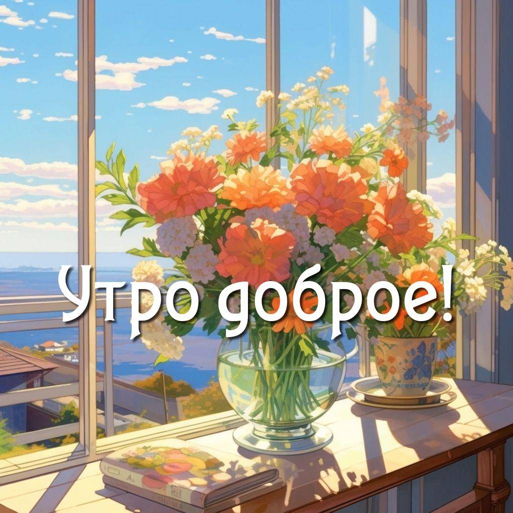 Утро, окно с видом на море, вазой и цветами