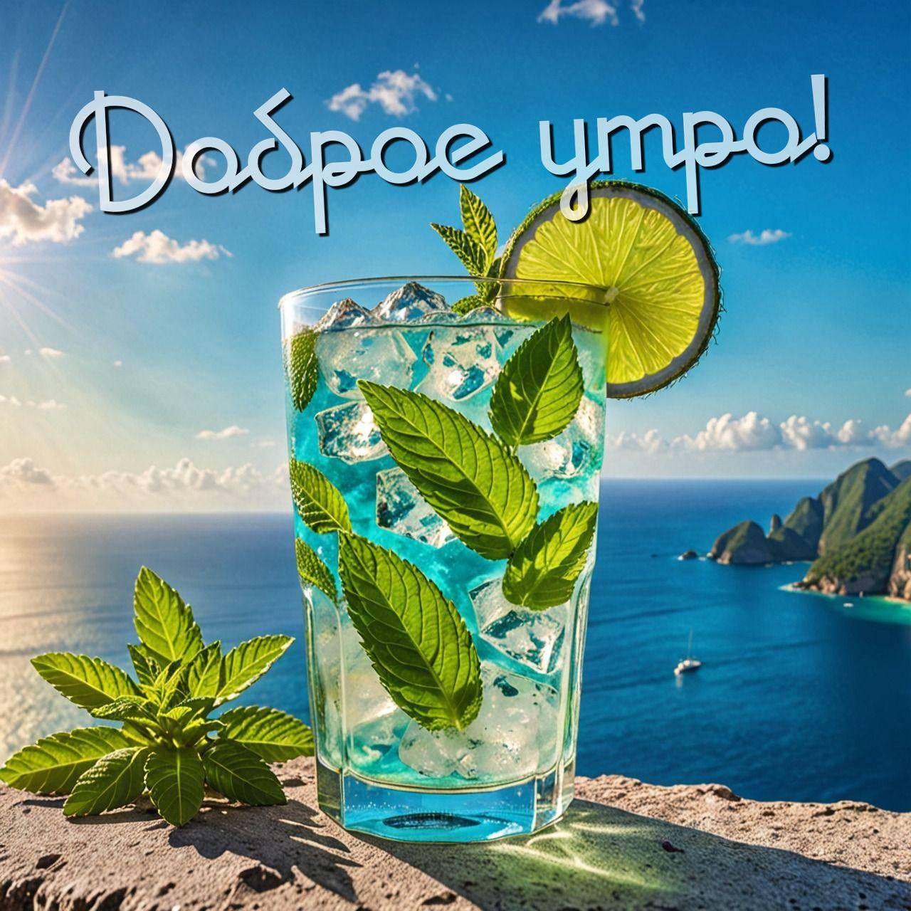 Утро, освежающий коктейль с мятой и лаймом на фоне моря
