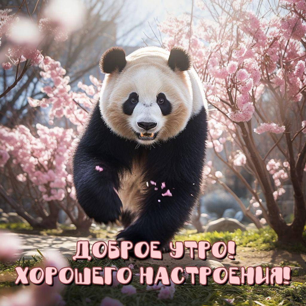 Утро, панда бегущая по саду с цветущими деревьями