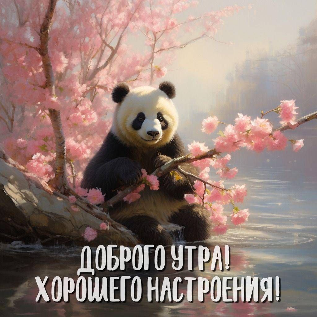 Утро, панда на ветке с цветами над водой